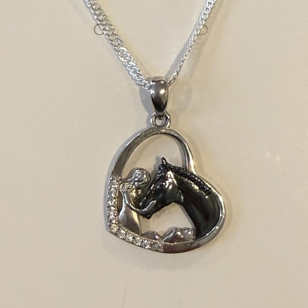 Sterling Silver Women’s Equestrian Horse Girl Heart Crystal Pendant Necklace
